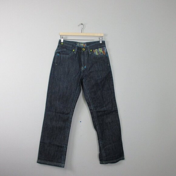 Drunk Munky Denim Jeans Men 32 Black Embroidered Wide Leg Y2k Baggy Skater 784 - Picture 1 of 10